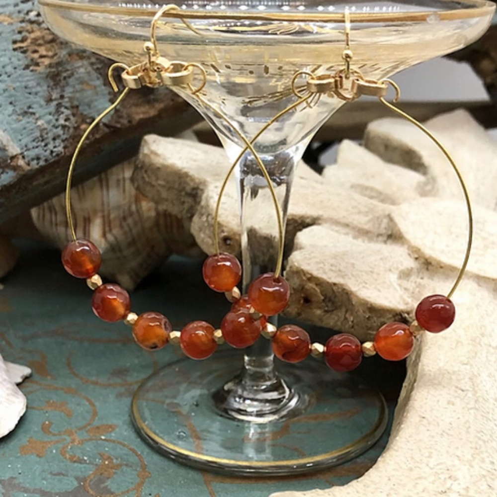 Carnelian beaded hoop earrings